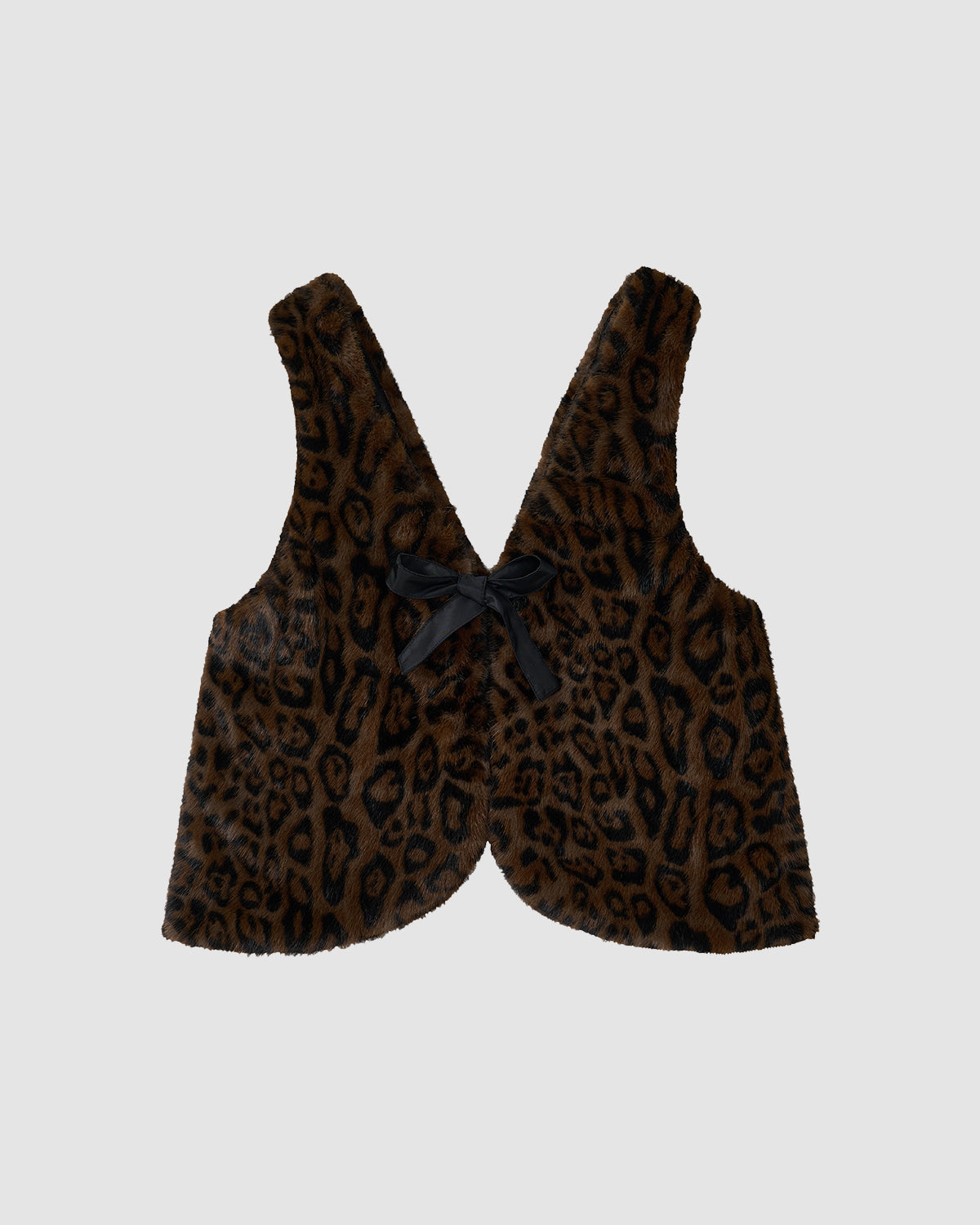 The BLACK LEOPARD BAEJA VEST / BAG by Sundae School is a sleeveless, reversible vest with a brown and black leopard print, inspired by the Korean baeja, featuring a black satin back bow, deep V neckline, and rounded hem.