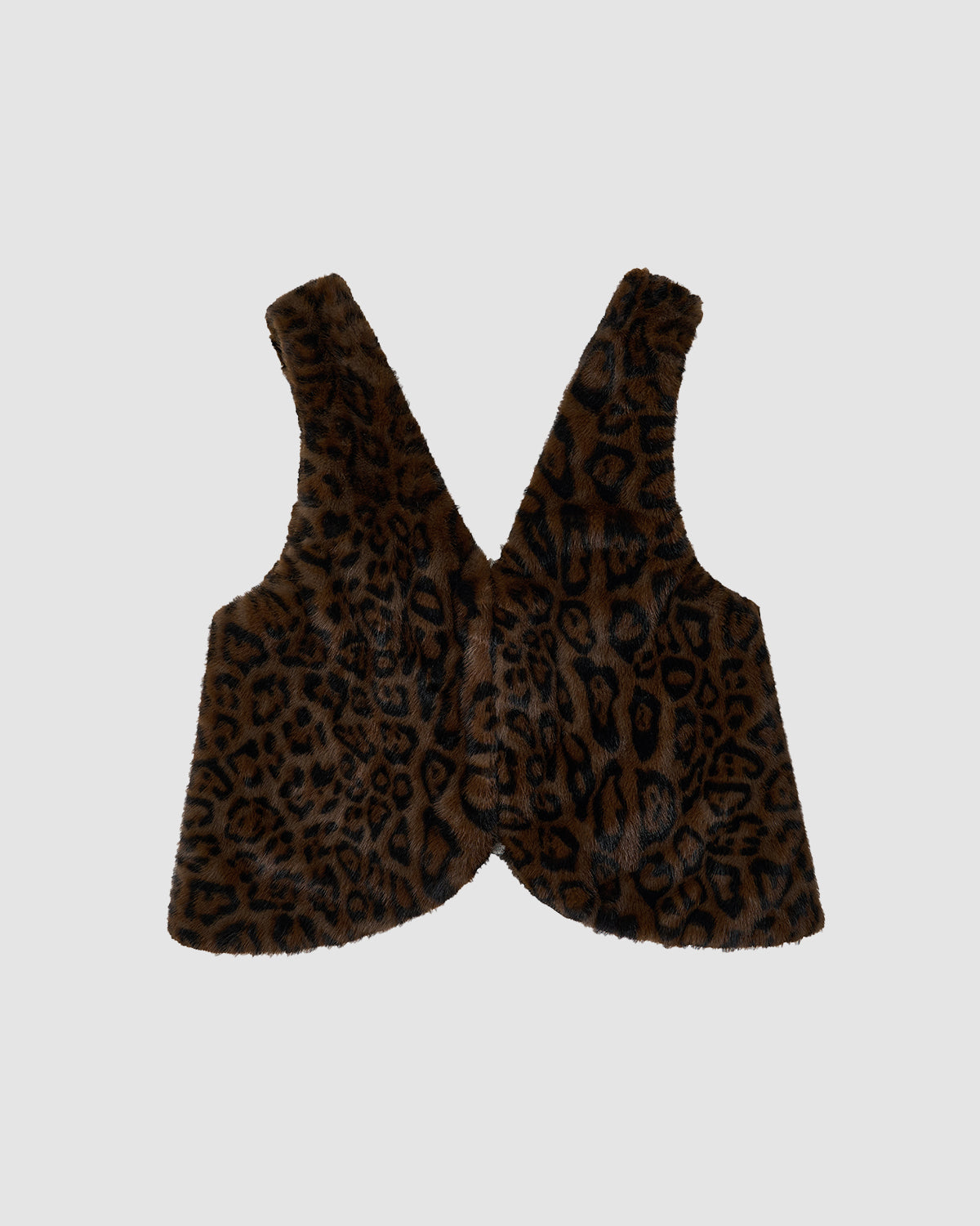The BLACK LEOPARD BAEJA VEST / BAG by Sundae School is a sleeveless reversible vest featuring a brown and black leopard print, inspired by the Korean baeja, shown flat on a plain light background.