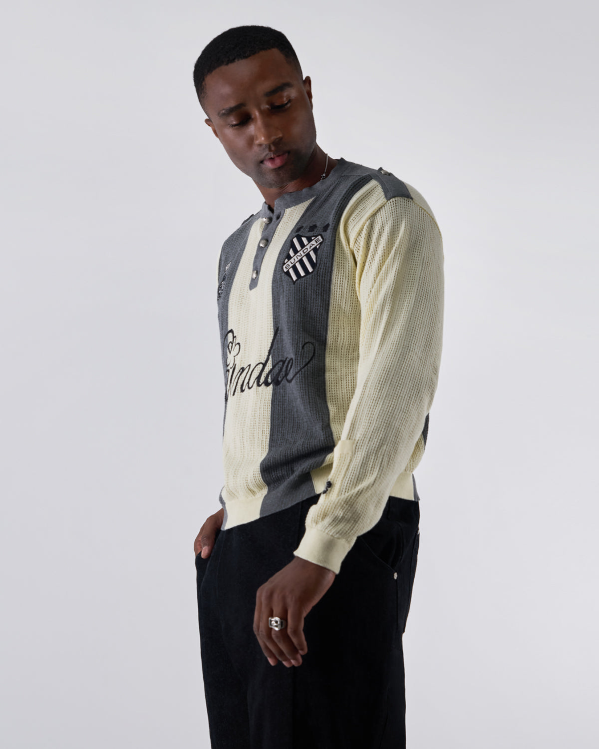 Angled front view of Butter Yellow Charcoal Sundae Soccer Jersey Knit showing complete front design with