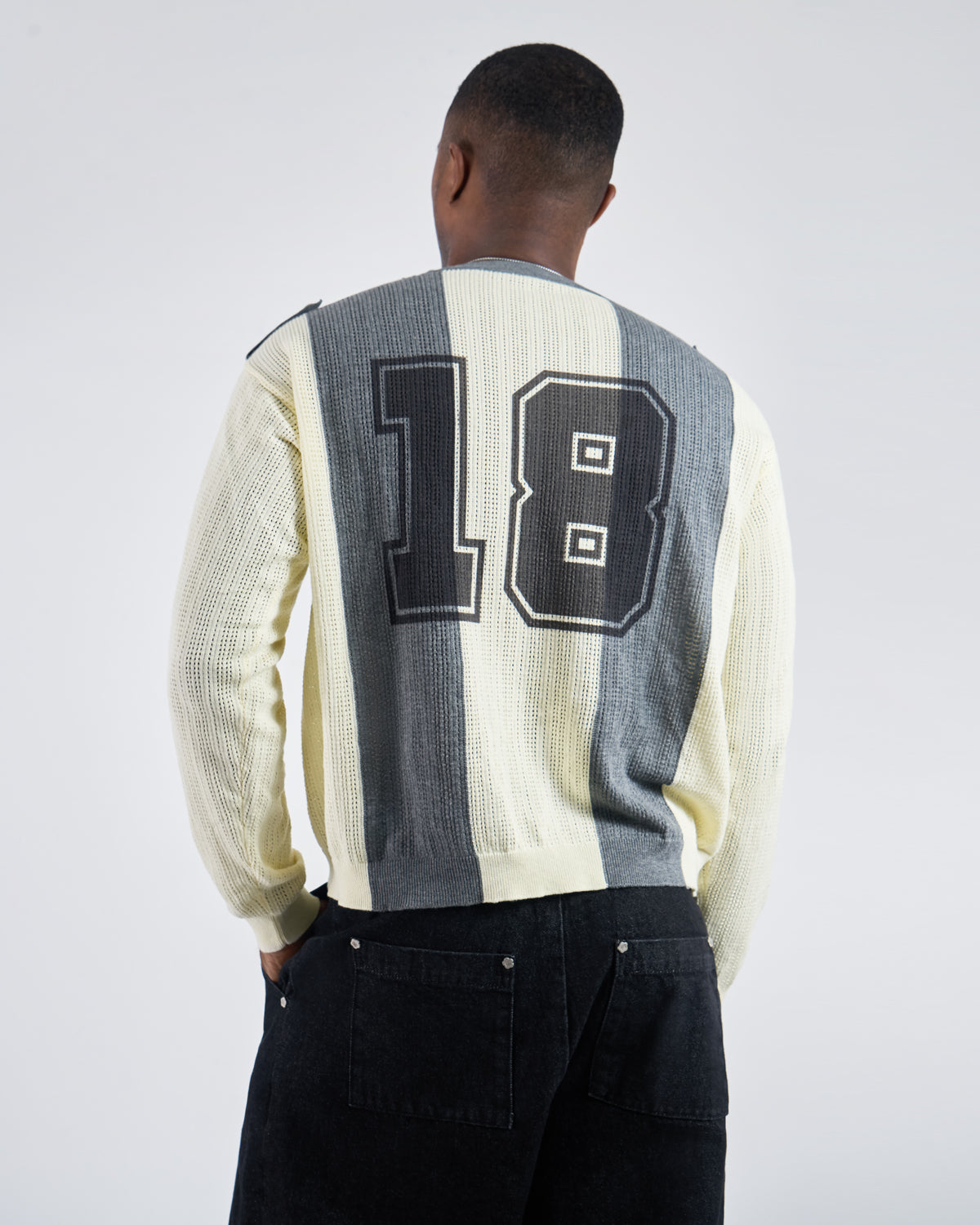 Back view of modeled Butter Yellow Charcoal Sundae Soccer Jersey Knit featuring prominent