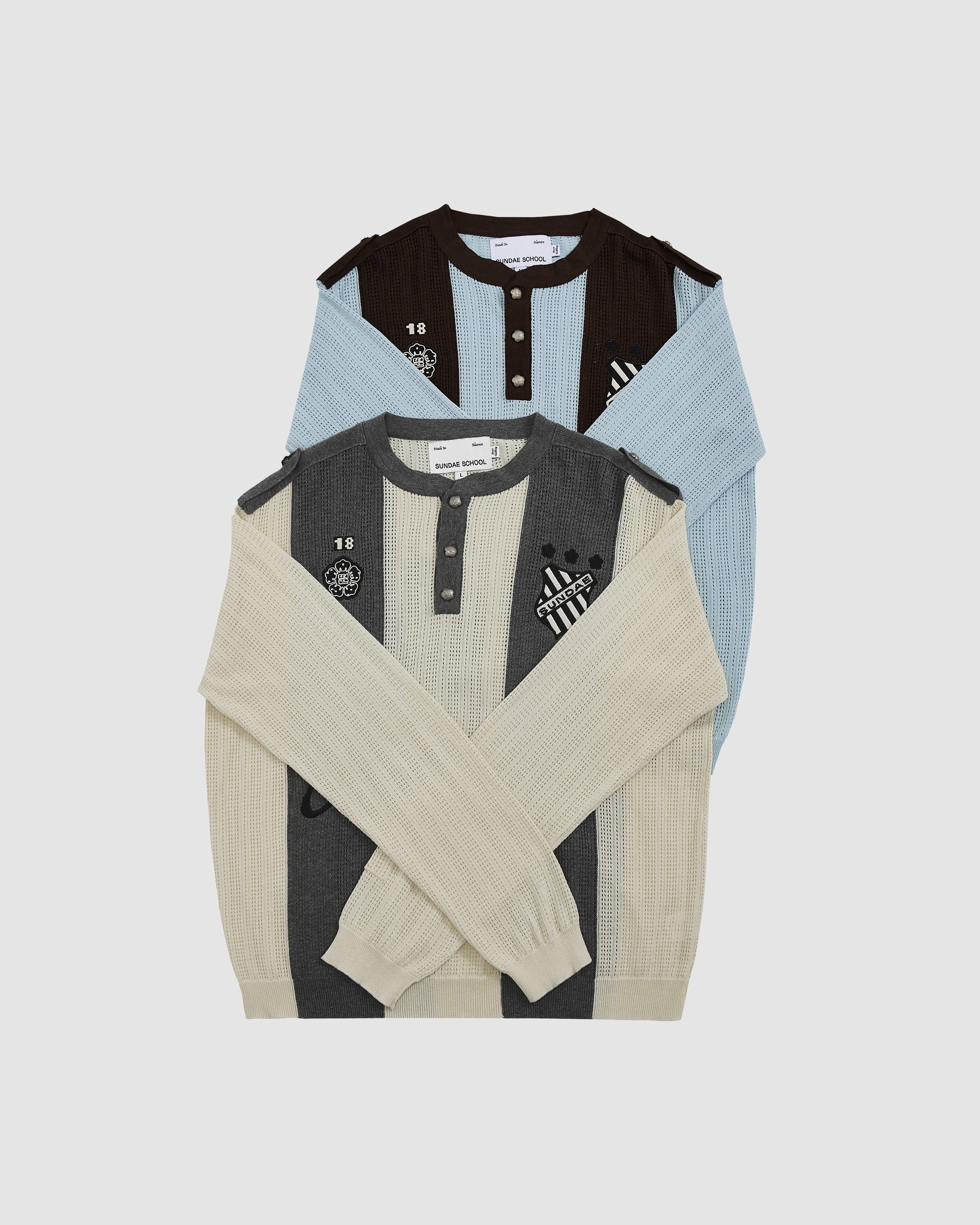 Flat lay comparison of two Sundae Soccer Jersey Knit colorways - top jersey in Baby Blue Brown Sundae Soccer Jersey Knit, bottom jersey in Butter Yellow Charcoal Sundae Soccer Jersey Knit, both featuring henley button plackets,