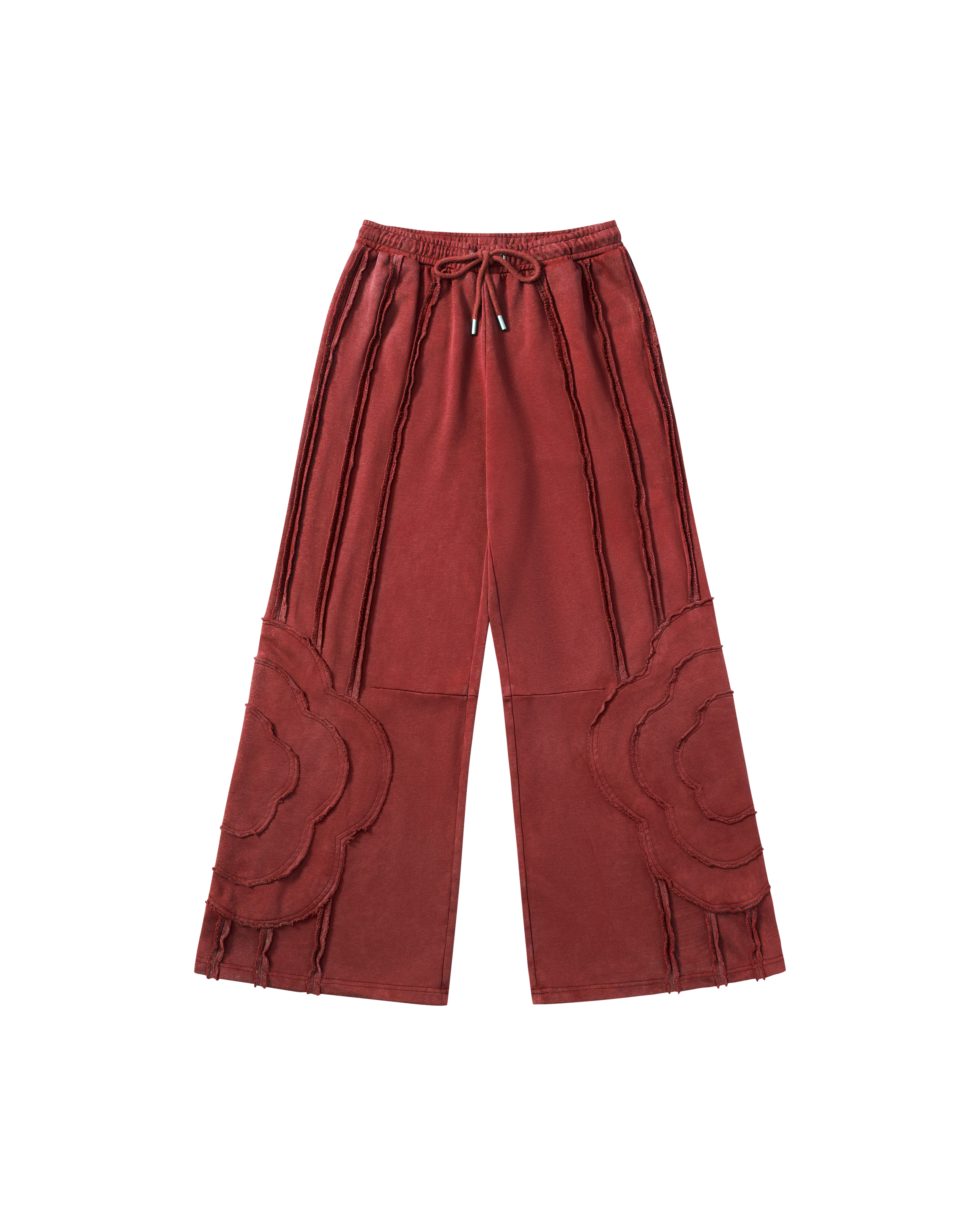 Red Mochi Haze Paneled Sweatpants featuring washed red cotton with exposed curved seam details throughout legs, elastic waistband with drawstring ties, relaxed wide-leg fit silhouette, flat lay product shot.