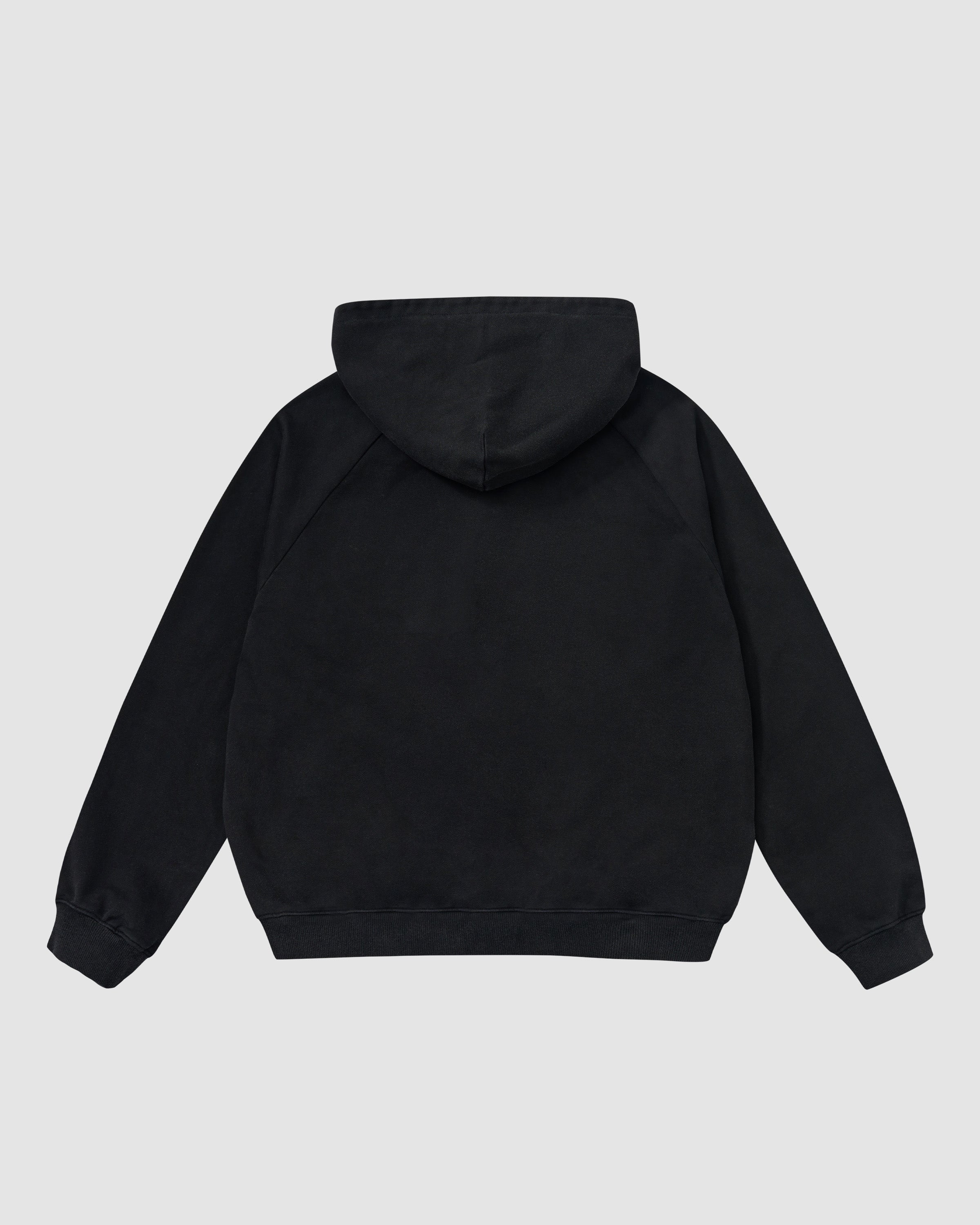 Black Fade Black Hanbok Hoodie back view featuring garment washed black cotton with asymmetric hood closure and custom dome snap hardware, pullover construction, relaxed oversized fit silhouette, flat lay product shot on light background.