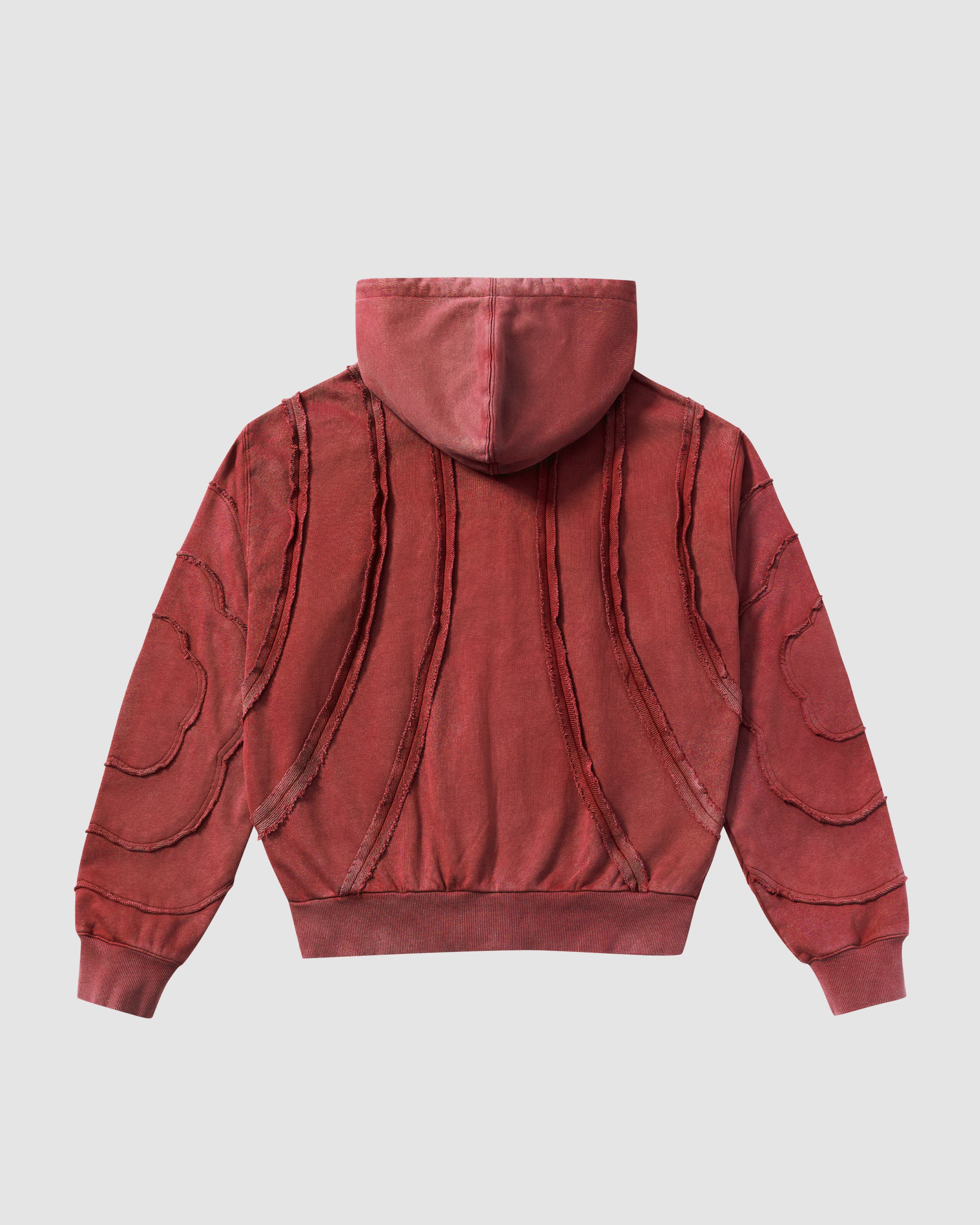 Red Mochi Haze Paneled Hoodie featuring garment washed red cotton with exposed curved seam construction details on back panel, drawstring hood and ribbed hem band, relaxed oversized fit silhouette, flat lay product shot on light background, shown from back view.