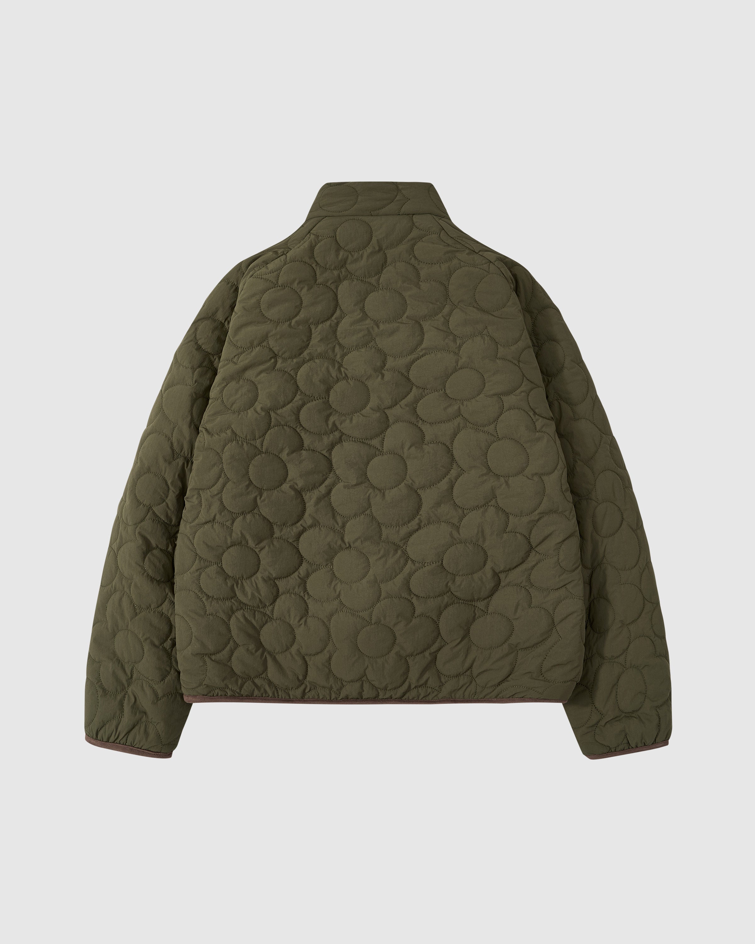 Back view of the olive green quilted side of the Reversible Flower Quilted Jeogori Fleece showing the circular flower quilting pattern covering the entire garment.