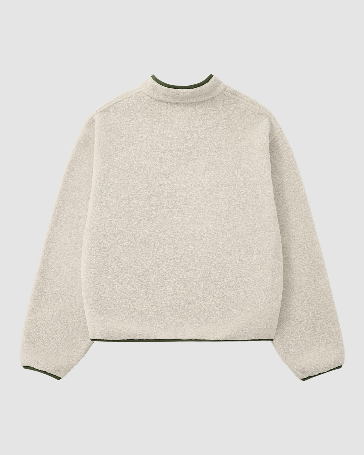 The Sundae School TAUPE TEARDROP KNOT FLEECE, cream-colored with a high collar and dark green trim on the collar, cuffs, and hem, is shown from the back laid flat on a plain light background.