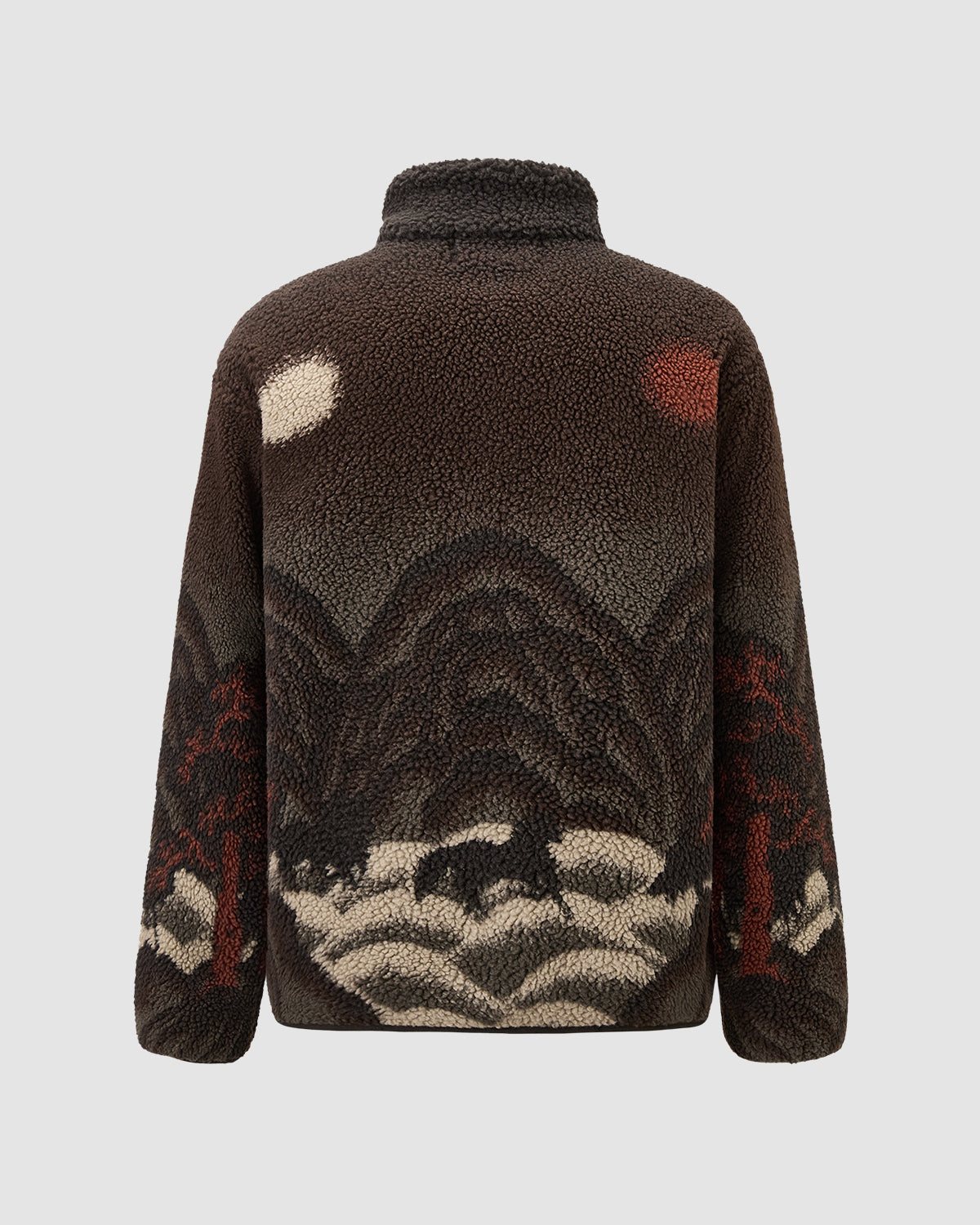 The CHARCOAL FIVE PEAKS FLEECE by Sundae School features brown embossed pile fleece with a landscape design of dark mountains, red trees, and celestial shapes on the back, inspired by Korean Sun and Moon jackets.