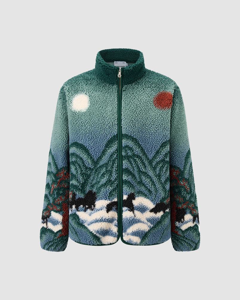 The TEAL FIVE PEAKS FLEECE by Sundae School features a scenic landscape with green mountains, white sun, red moon, and black trees on snowy ground—evoking the elegance of a Korean Sun and Moon painting.