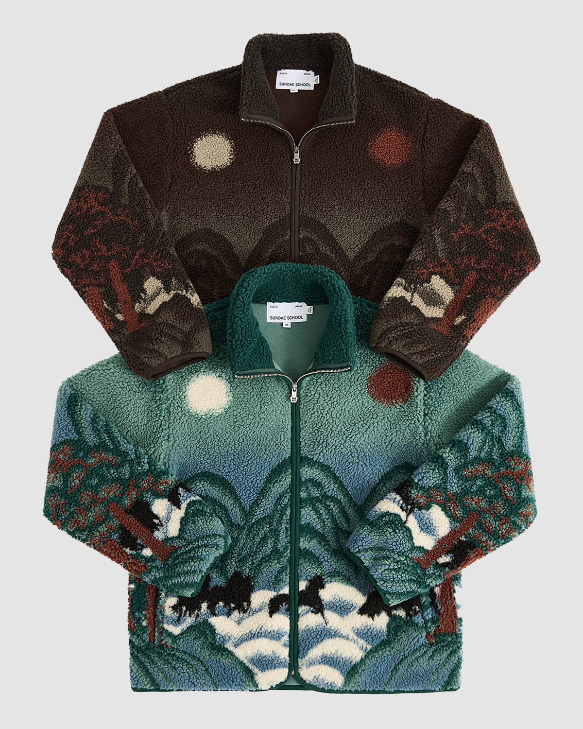 The [PRE-ORDER] CHARCOAL FIVE PEAKS FLEECE by Sundae School is a polar fleece jacket with a unique design inspired by the Korean Sun and Moon painting.