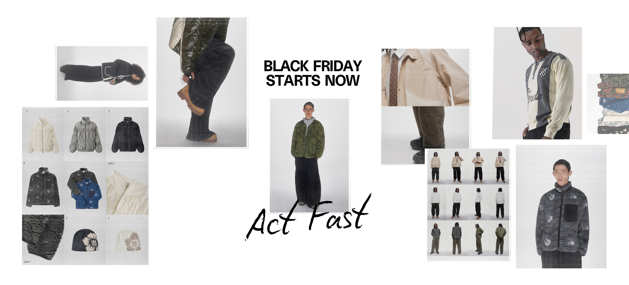 Photo collage of Sundae School 2025 items against white background with a copy 'Black Friday Starts Now' and 'Act Fast'. 