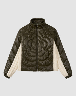 The OLIVE OATMEAL MOCHI SPIRAL PUFFER by Sundae School is a lightweight, biker-inspired quilted jacket with dark green front and sleeves, cream side panels and inner sleeves, high collar, front zipper, elastic cuffs, and wavy stitching.