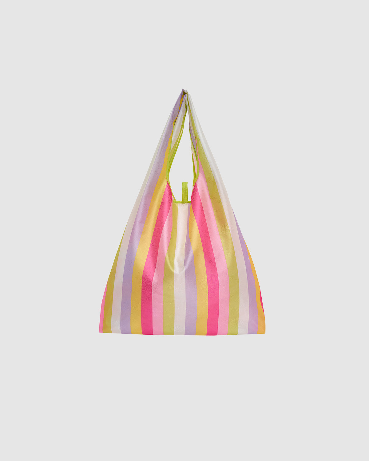 The BIG BOJAGI TOTE BAG by Sundae School features vertical stripes in pastel pink, yellow, green, and lavender, inspired by Korean bojagi bag design. Shown against a plain light gray background.