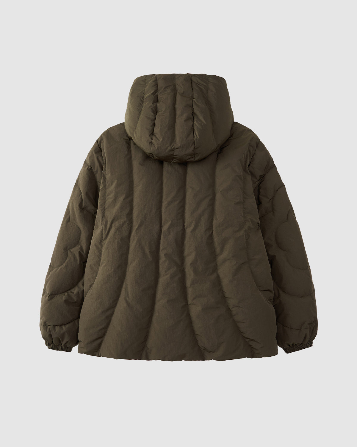 Back view of the [PRE-ORDER] KHAKI HEAVYWEIGHT MOCHI PUFFER by Sundae School, featuring mochi quilting, a hood, and long sleeves. Hanbok-inspired with a loose fit, displayed against a plain light gray background.