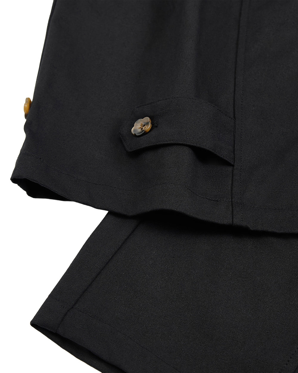 Close-up of Sundae School’s BLACK HANBOK BALLOON PANTS, showcasing the 100% cotton fabric, folded hem with visible stitching, and a tab detail near the edge adorned with two small brown buttons—highlighting subtle hanbok-inspired design elements.