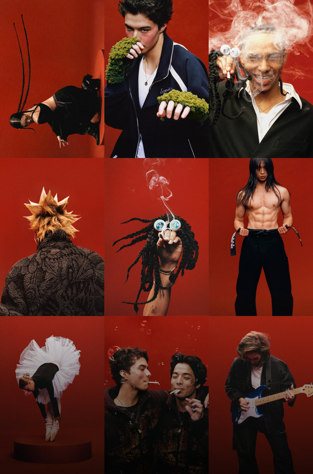 A 3x3 collage of nine portrait and fashion photos set against a solid red background, featuring various models in stylized poses with smoke, moss, a tutu, and instruments.