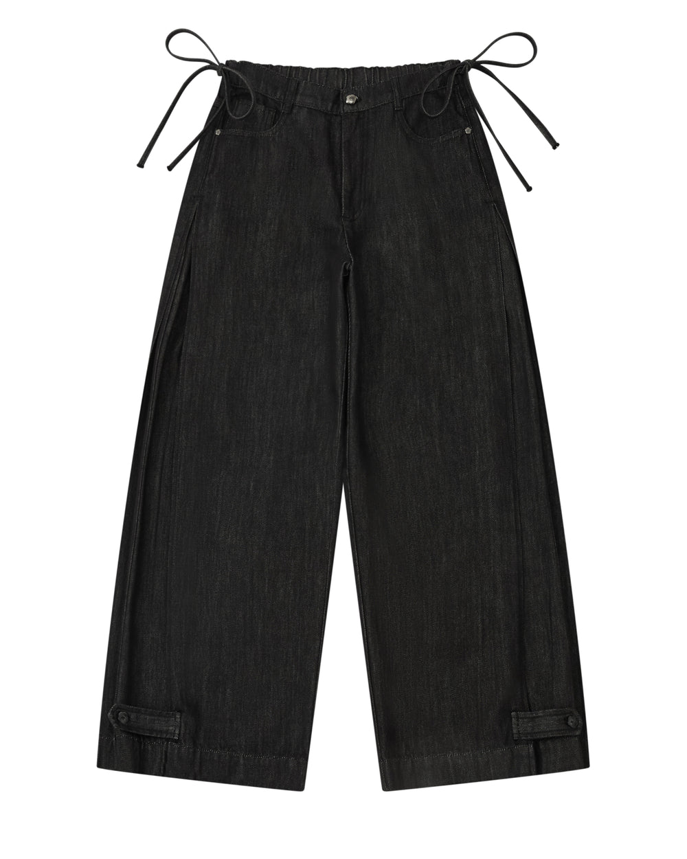 Sundae School BLACK ACCORDION DENIM PANTS: black wide-leg flare pants with inverted pleats, side ties at the waistband, and adjustable tabs at the cuffs.