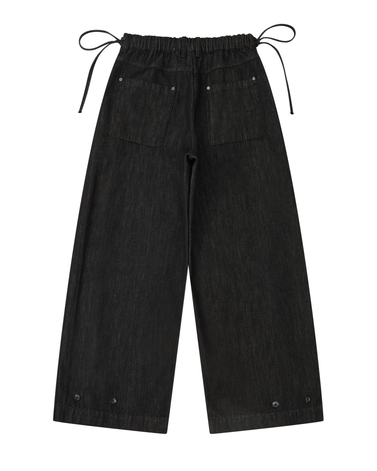 BLACK ACCORDION DENIM PANTS in black, featuring a wide-leg flare cut, a drawstring waist, two back pockets, and button details at the hem.
