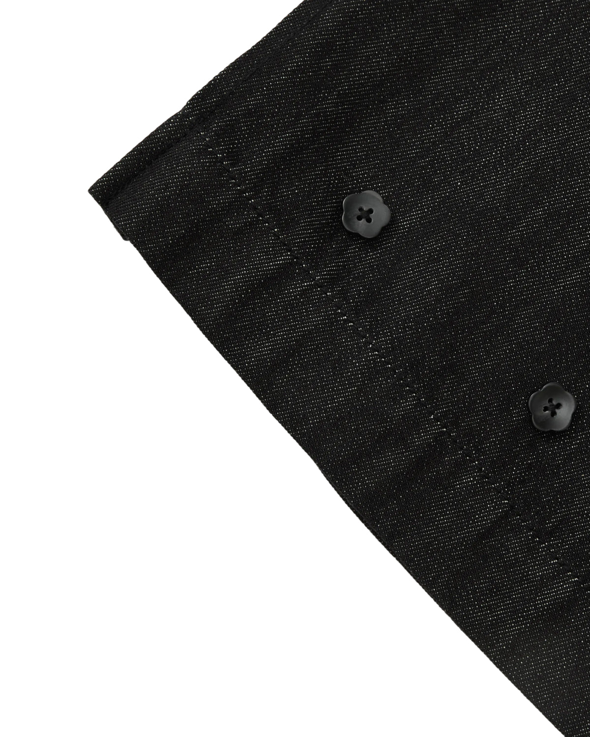 Sundae School BLACK ACCORDION DENIM PANTS in black, featuring two flower-shaped buttons and inverted pleats.