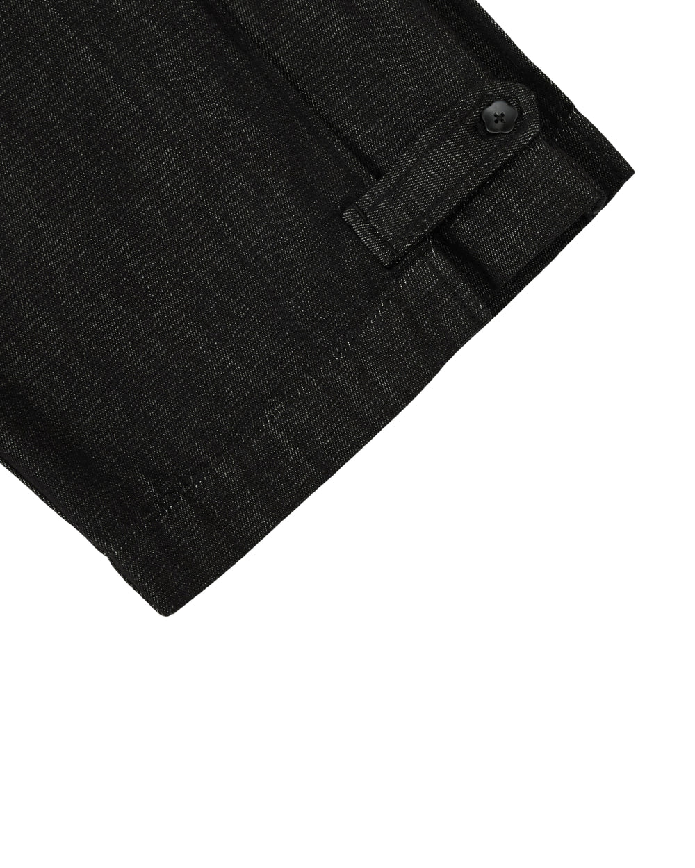 BLACK ACCORDION DENIM PANTS in a black flare leg style featuring a buttoned tab at the hem.