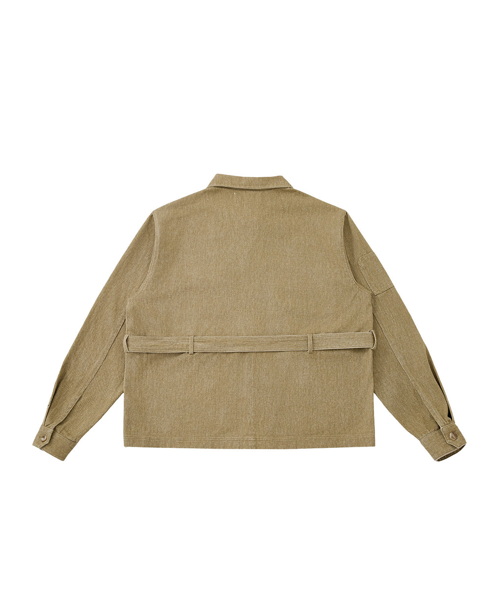 The Sundae School TAN ASYMMETRIC WORK JACKET is a khaki unisex piece with long sleeves, a belt at the waist, buttoned cuffs, straight hem, collar, and seven functional pockets for versatile storage.