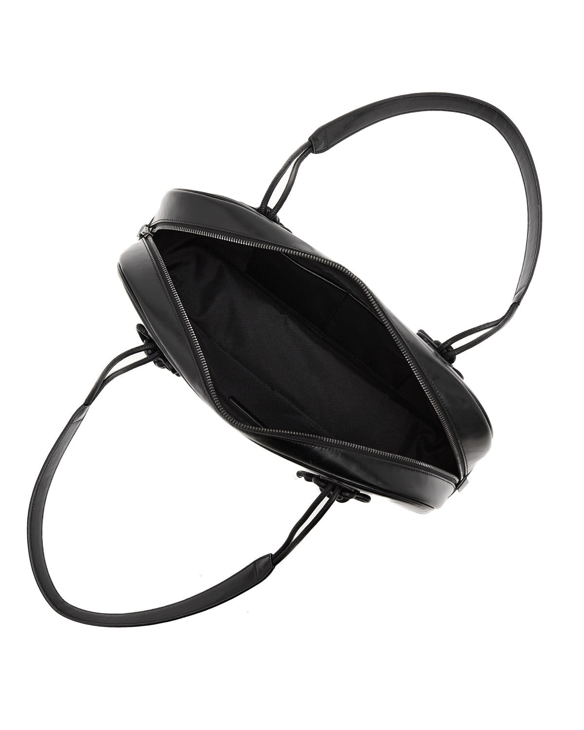 Top view of an open BLACK AUDREY BOWLING BAG by Sundae School, featuring two handles and a spacious main compartment lined with black fabric.