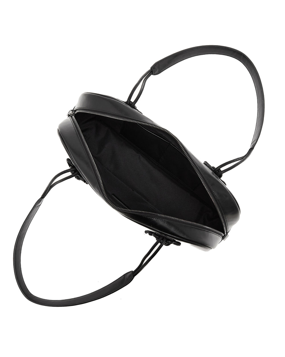 Top view of an open BLACK AUDREY BOWLING BAG by Sundae School, featuring two handles and a spacious main compartment lined with black fabric.