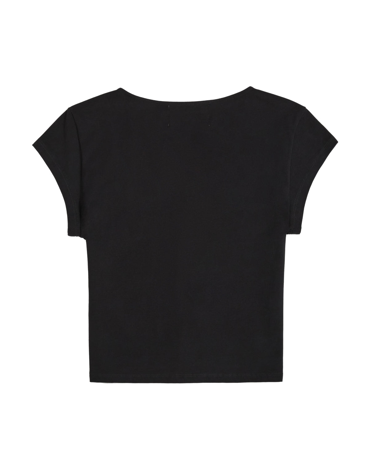 The BLACK TIE GORUM BABY TEE by Sundae School, a short-sleeved, form-fitting women’s shirt in plain black, is displayed laid flat with the back facing up against a white background.