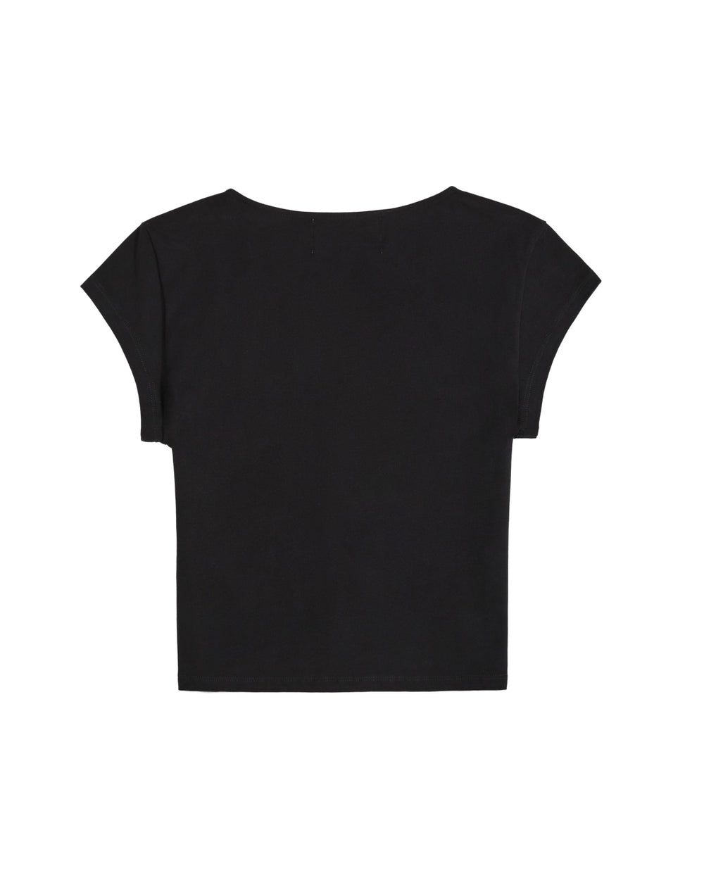 The BLACK TIE GORUM BABY TEE by Sundae School, a short-sleeved, form-fitting women’s shirt in plain black, is displayed laid flat with the back facing up against a white background.