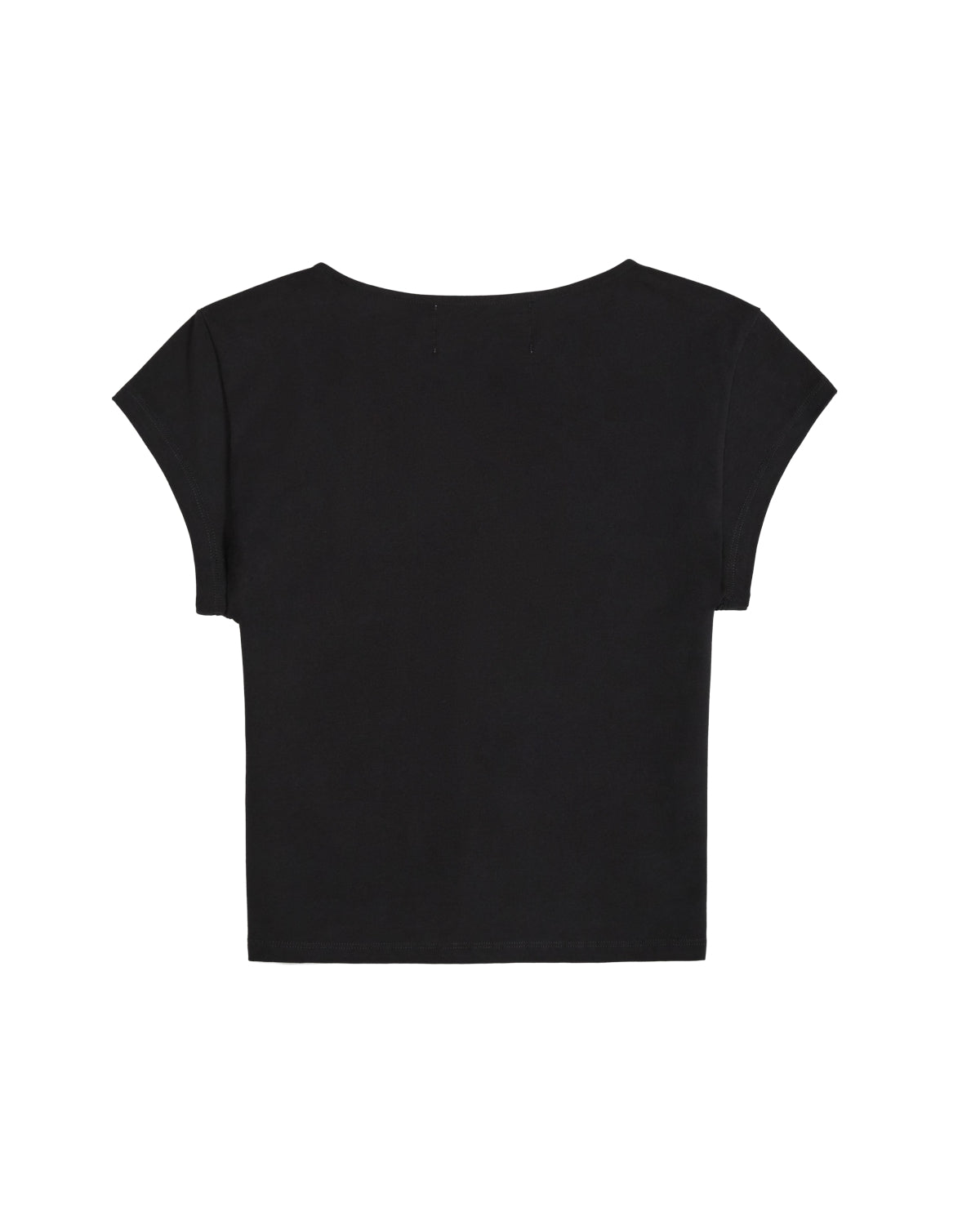 The BLACK TIE GORUM BABY TEE by Sundae School, a short-sleeved, form-fitting women’s shirt in plain black, is displayed laid flat with the back facing up against a white background.