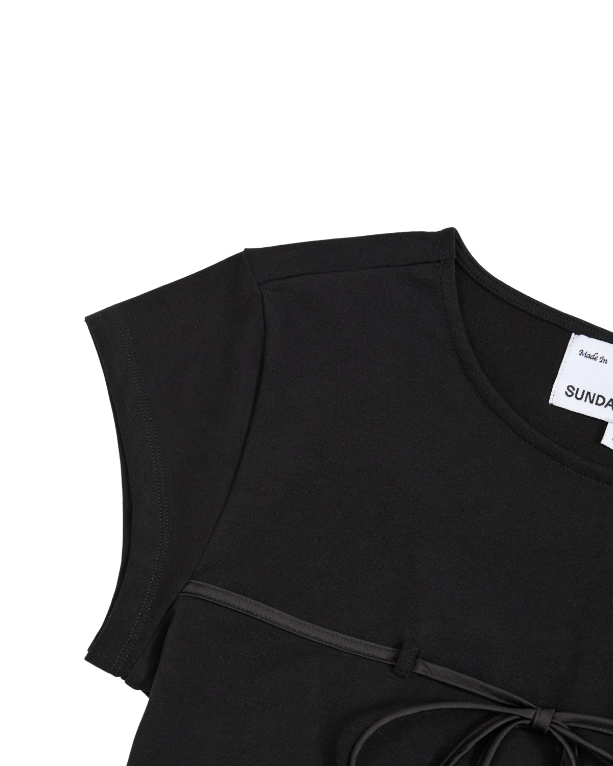 Partial view of the BLACK TIE GORUM BABY TEE by Sundae School—a black, form-fitting women’s shirt with short sleeves, styled with a thin belt tied at the waist and a visible Sundae School label.