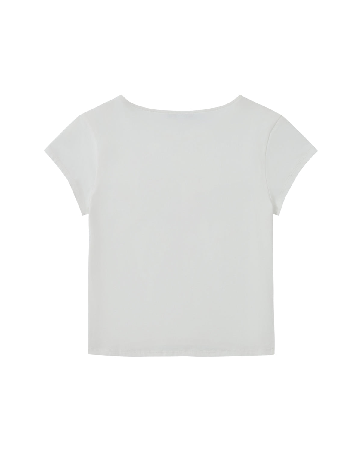 The WHITE TIE GORUM BABY TEE by Sundae School is displayed from the back, featuring a plain white, cropped design with short sleeves against a white background.