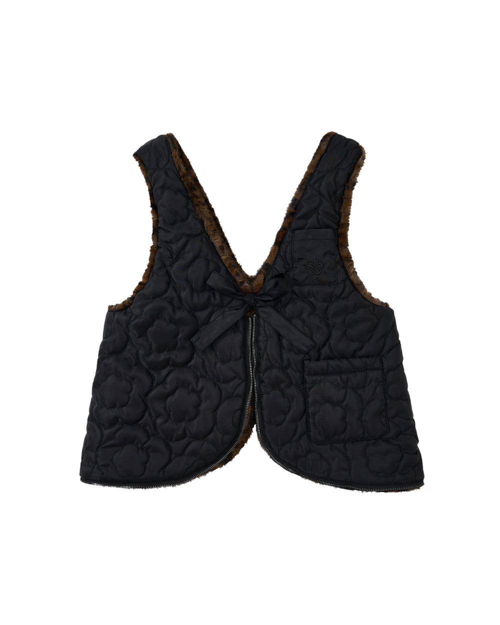 Introducing the BLACK BAEJA VEST / BAG by Sundae School: a sleeveless, black quilted vest inspired by the traditional Korean baeja, adorned with a delicate floral pattern, brown faux fur lining, a front tie closure, and a small right-side front pocket.