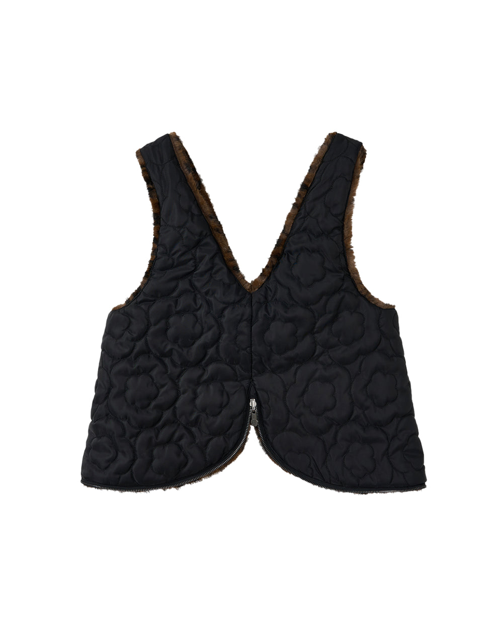 The BLACK BAEJA VEST / BAG by Sundae School is a sleeveless black quilted Korean baeja featuring a deep V-neck, floral stitching, and brown faux fur lining, shown laid flat on a white background.