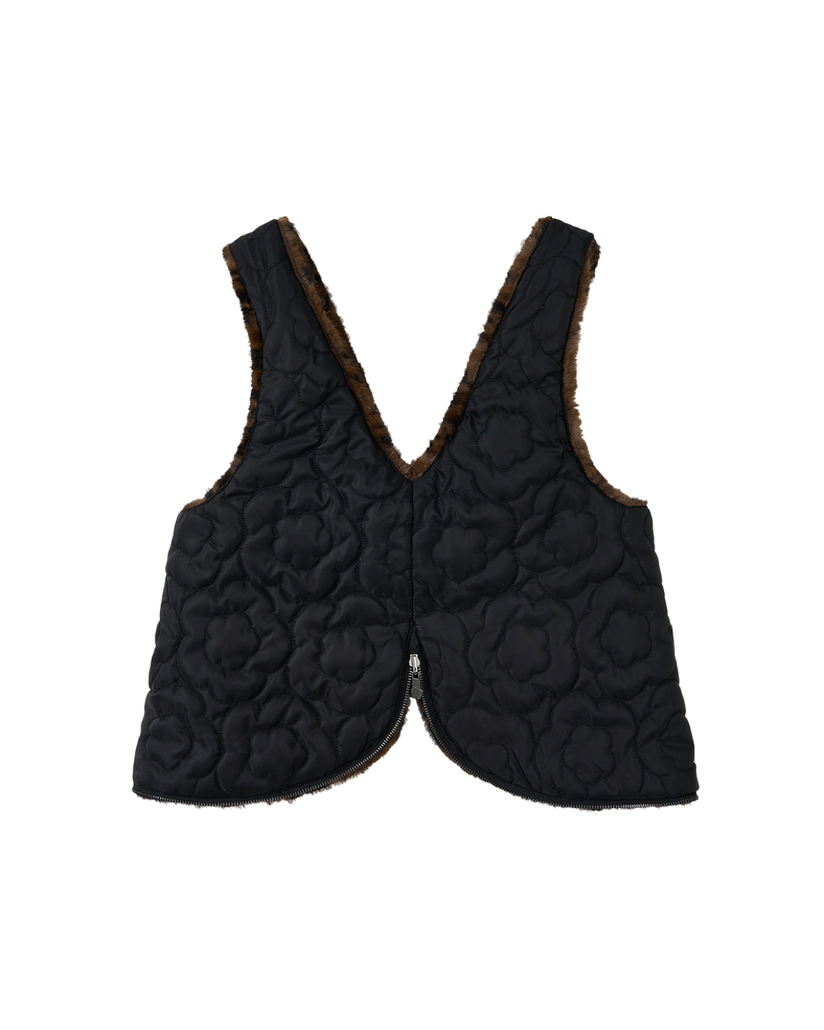 The BLACK BAEJA VEST / BAG by Sundae School is a sleeveless black quilted Korean baeja featuring a deep V-neck, floral stitching, and brown faux fur lining, shown laid flat on a white background.