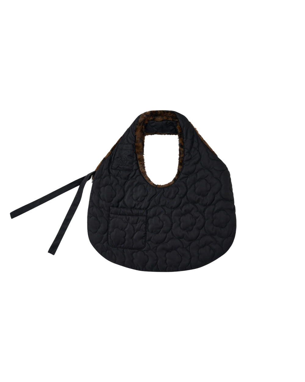 Introducing the BLACK BAEJA VEST / BAG by Sundae School: This black quilted vest features a floral pattern, a small front pocket, and black side ties inspired by the traditional Korean baeja. The interior is lined in soft brown fabric, providing the comfort and warmth of a reversible vest.