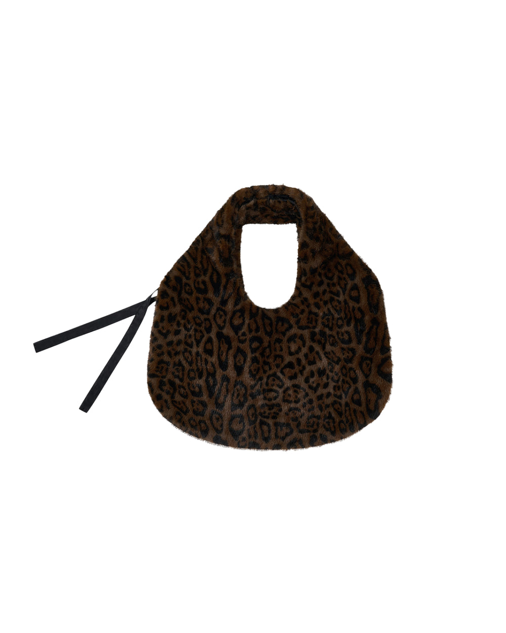 Introducing the BLACK BAEJA VEST / BAG by Sundae School—a rounded, brown faux fur handbag adorned with a bold black leopard print and two black ribbon-like straps on one side. With its wide opening and stylish design, it’s the perfect accessory to pair with your favorite faux fur vest or Korean baeja for a chic, coordinated look.