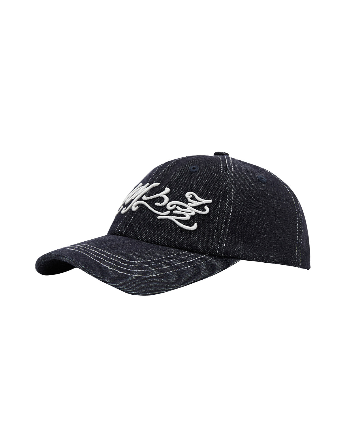 The Sundae School INDIGO DAENGGI CAP is crafted from dark denim and features white stitching with a white embroidered Hangeul logo on the front. This cap includes a curved brim, visible panel seams, and an adjustable fit for comfort.
