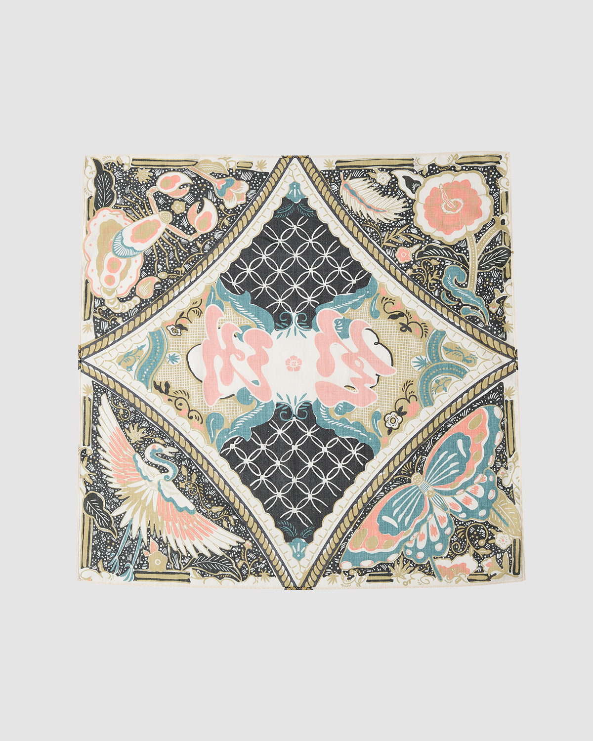 The MULTI-COLOR BATIK BANDANA by Sundae School features detailed flowers, a crane, and a butterfly in pink, blue, cream, and black—symmetrically arranged on a light background and inspired by Indonesian batik.