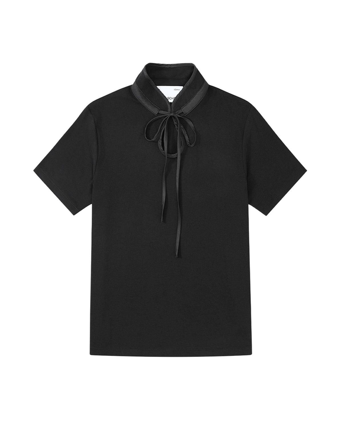 The BLACK RIBBON TIE POLO by Sundae School is a short-sleeve polo featuring a high Manchurian teardrop collar and a black ribbon tied in a bow at the neck, shown laid flat on a white background.