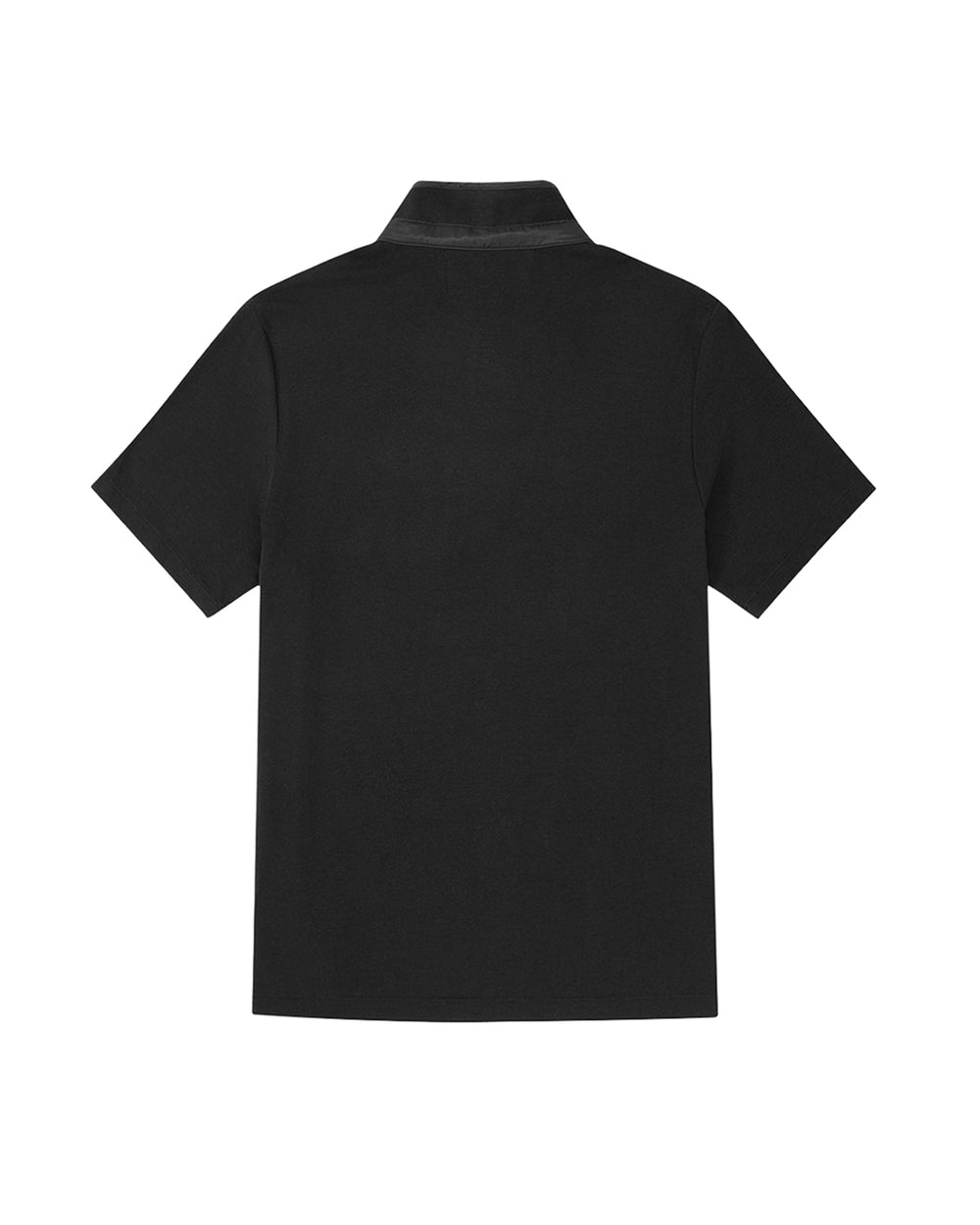 Back view of the Sundae School BLACK RIBBON TIE POLO, a plain black short-sleeve shirt with a Manchurian teardrop collar, laid flat against a white background.
