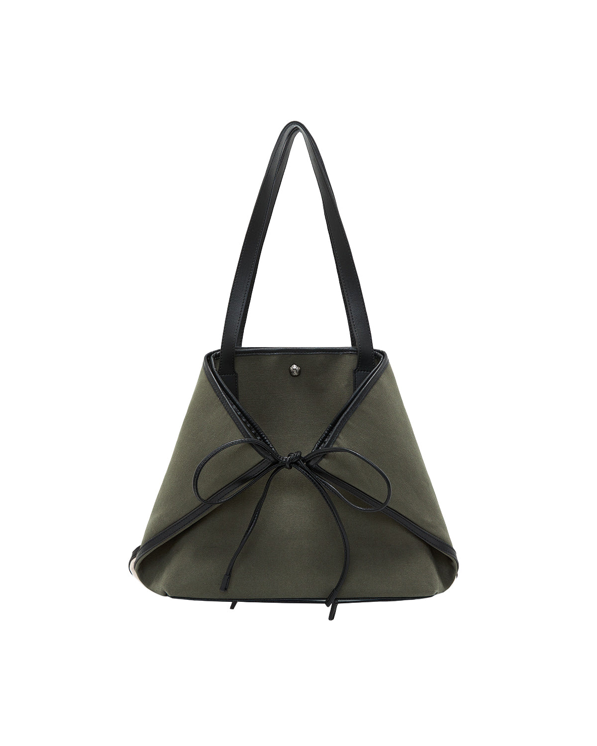 The OLIVE BOJAGI TIE TOTE BAG by Sundae School is a pyramid-shaped vegan leather handbag in olive green, featuring black handles and trim, a distinctive black bow on the front, and a small silver stud near the top center.