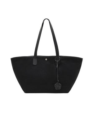 Sundae School BLACK BOJAGI TIE TOTE BAG in black with two vegan leather handles and a floral charm hanging from a ring.