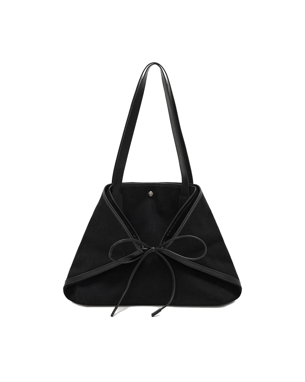 BLACK BOJAGI TIE TOTE BAG in black, featuring a triangular shape, two vegan leather handles, and a tied ribbon closure at the front.