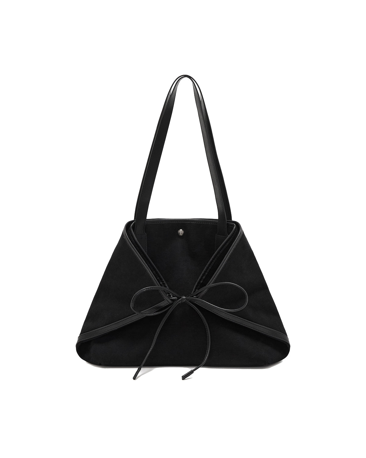 BLACK BOJAGI TIE TOTE BAG in black, featuring a triangular shape, two vegan leather handles, and a tied ribbon closure at the front.