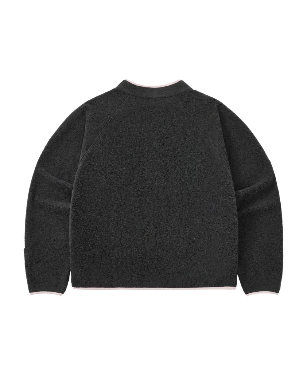 Back view of the CHARCOAL BUTTERFLY FLEECE PULLOVER by Sundae School, a long-sleeve black mock-neck polar fleece with a high collar. The pullover showcases a minimalist design without visible logos, zippers, or pockets, and is accented by light-colored trim at the collar and hem.