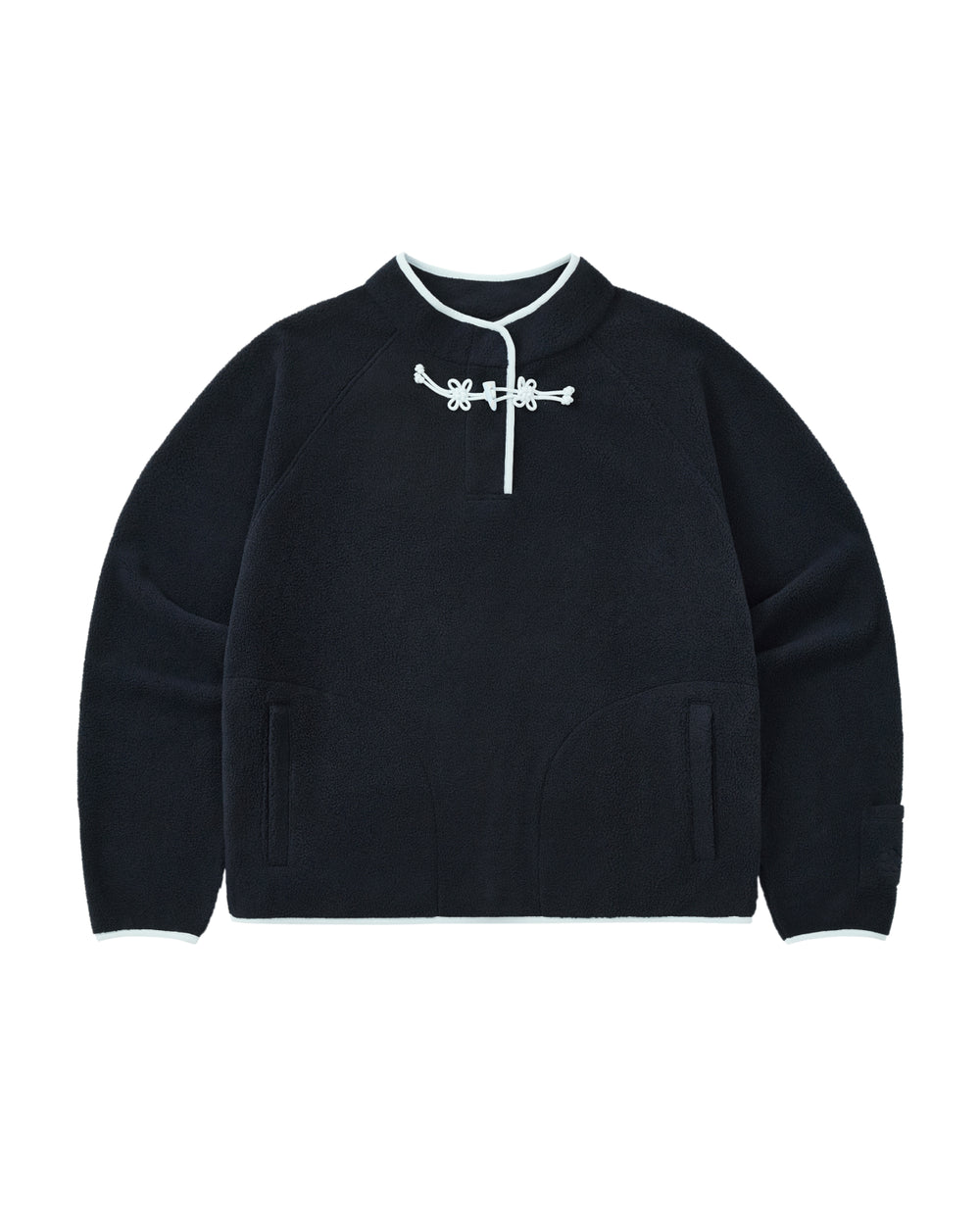 A navy long-sleeve butterfly fleece pullover by Sundae School featuring white trim, a mandarin collar, two front pockets, and decorative flower knot toggles at the neck.