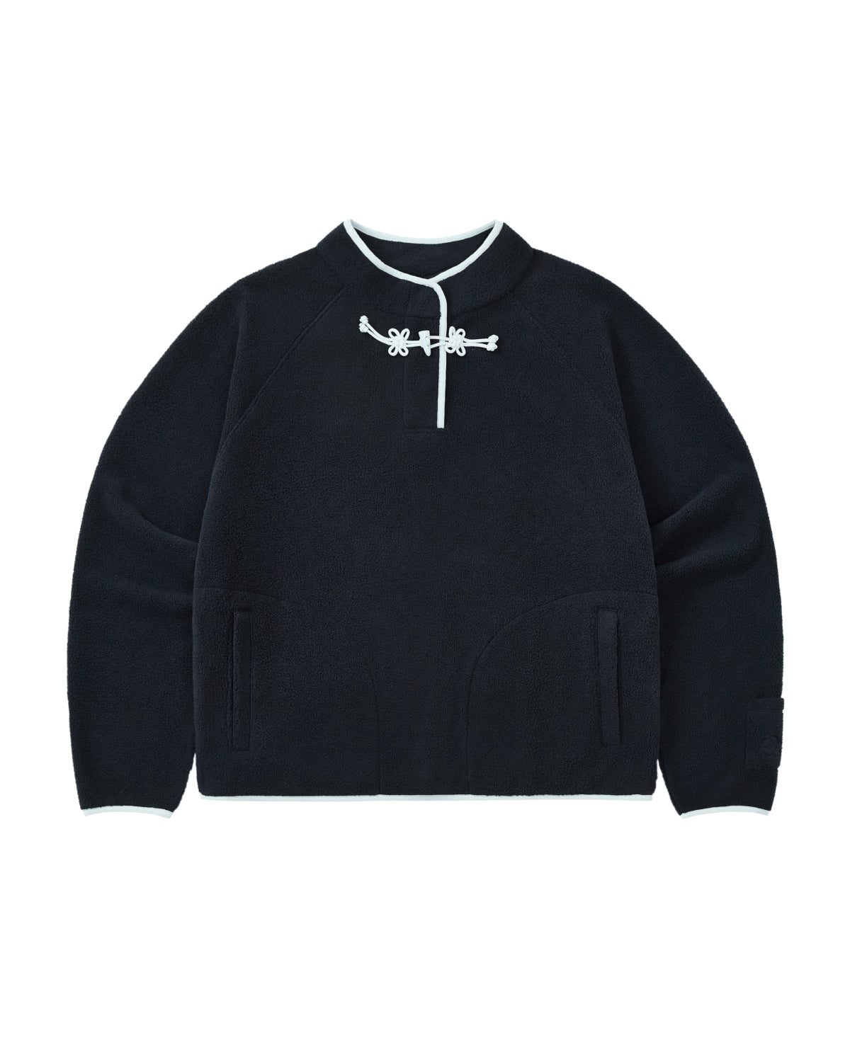 A navy long-sleeve butterfly fleece pullover by Sundae School featuring white trim, a mandarin collar, two front pockets, and decorative flower knot toggles at the neck.