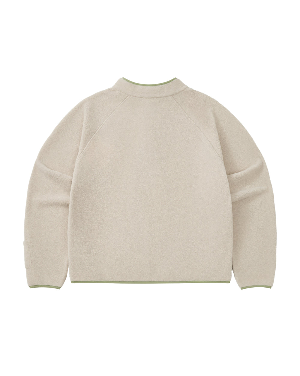 The Sundae School TAUPE BUTTERFLY FLEECE PULLOVER is pictured from the back, showcasing its long sleeves, high mock neck collar, and subtle light green trim at the collar and hem. This pullover features ultra-soft, cozy polar fleece fabric for comfortable wear.