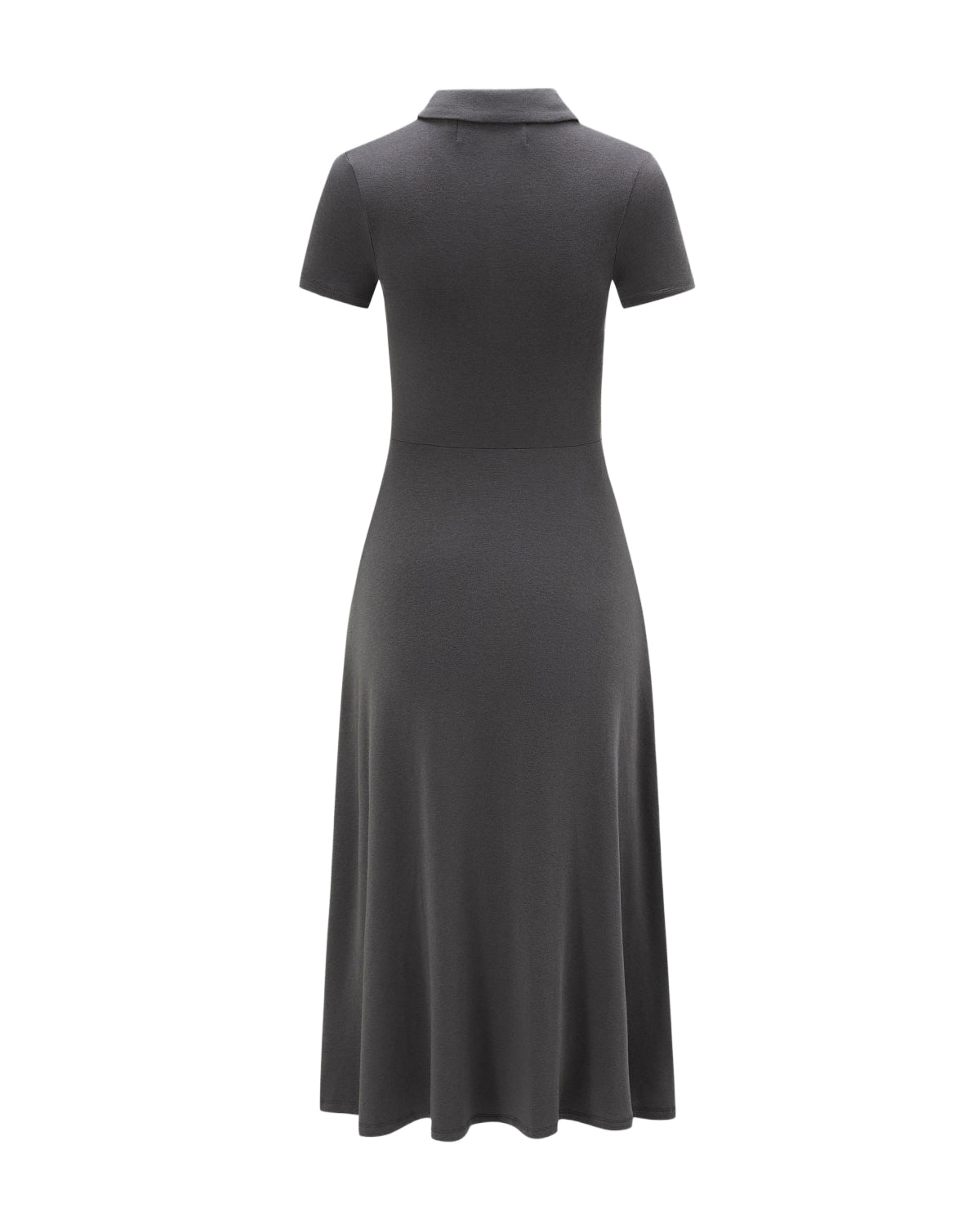 The DARK GREY CINDY POLO DRESS by Sundae School is a short-sleeve, collared summer wool dress shown from the back, featuring a fitted bodice and flared skirt for a classic, tailored midi silhouette.