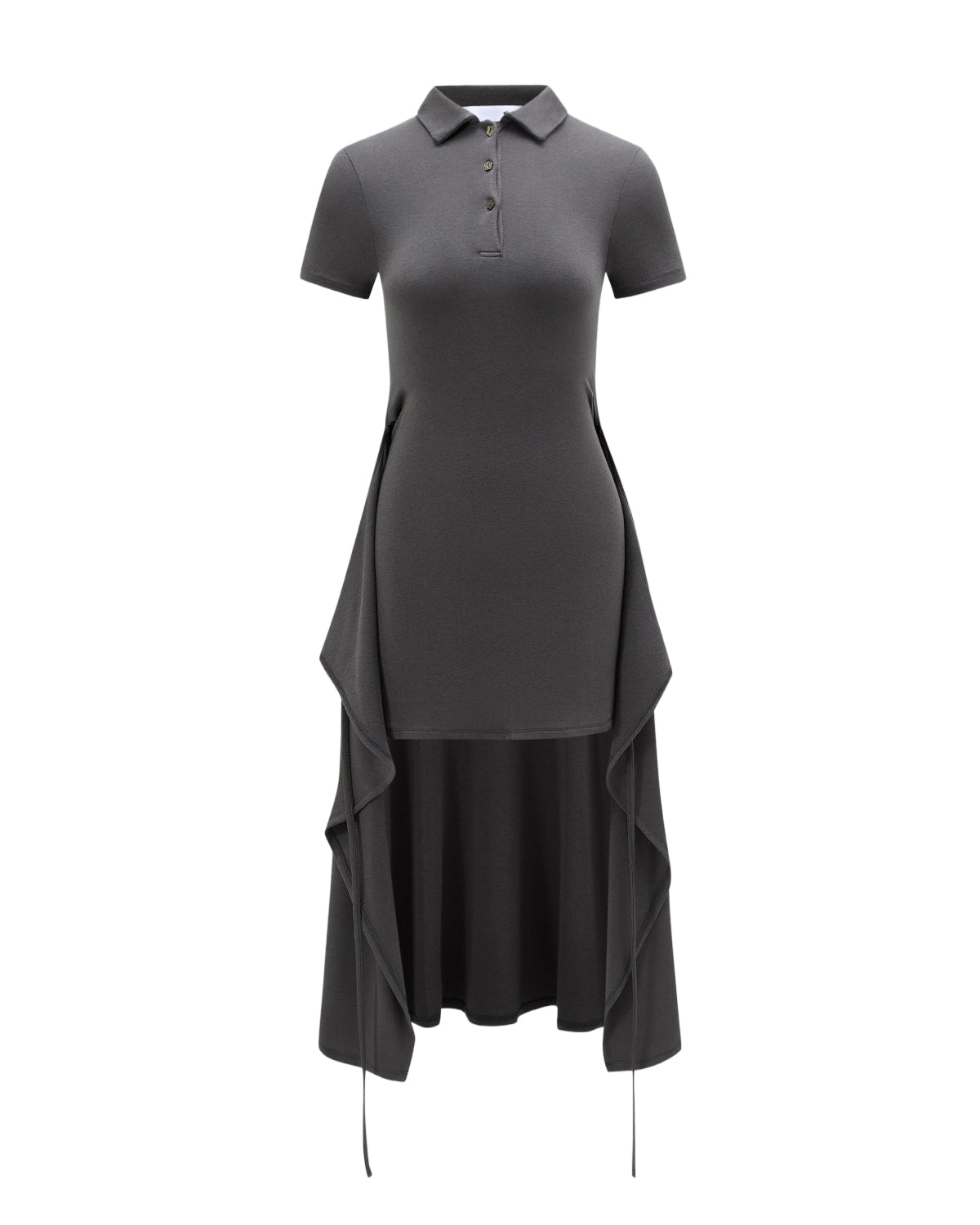 The DARK GREY CINDY POLO DRESS by Sundae School is a fitted, short-sleeve midi dress in dark gray, featuring a buttoned collar and an asymmetrical layered skirt with draped side panels for a modern update to the classic polo style, shown against a white background.